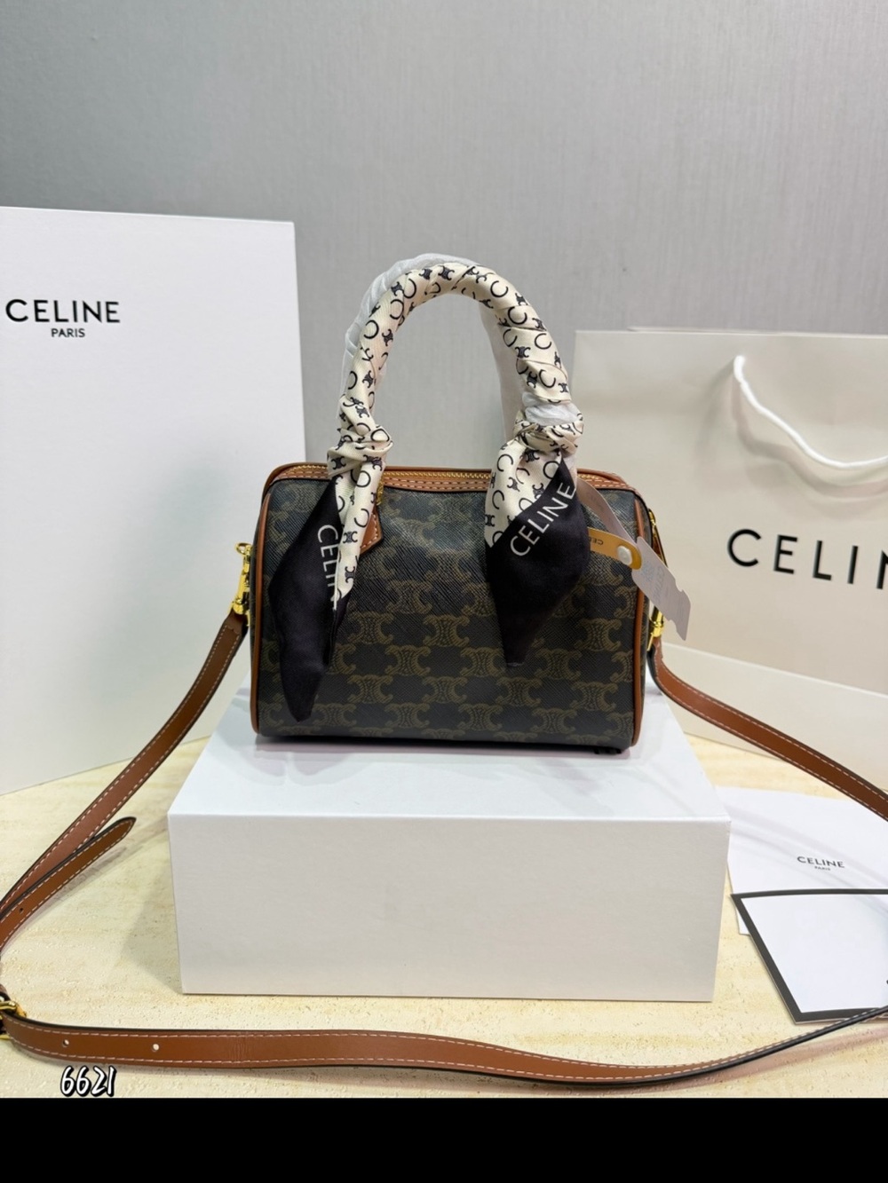 Celine Brown Triomphe Mini Satchel with Logo Scarf Wrap